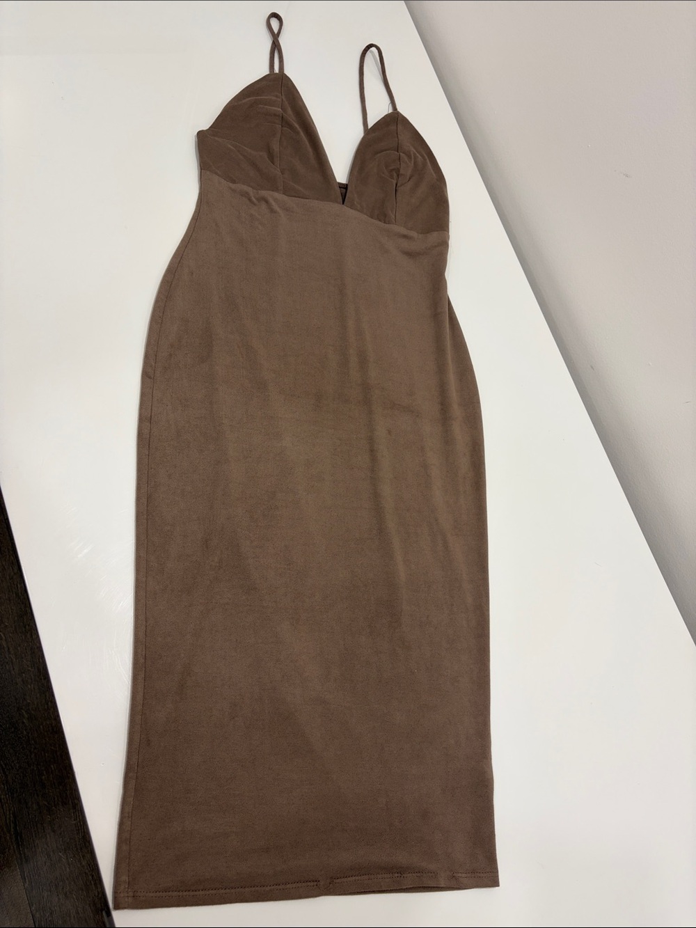 Mendocino Taupe Brown Velvet Spaghetti Strap Midi Dress